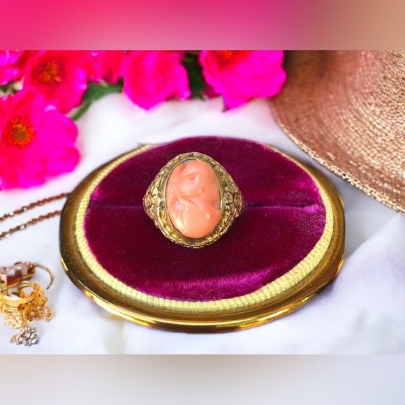 Antique Victorian 1800s 14k solid gold Coral cameo ring carved flowers etched - Picture 9 of 10